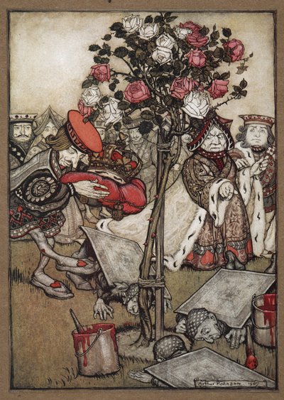 La reina, el rey y el truhán de corazones pasando los hombres vestidos de naipes pintando de rojo el rosal de Arthur Rackham