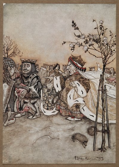 La Reina de Corazones gritando enfadada tras la partida de croquet de Arthur Rackham