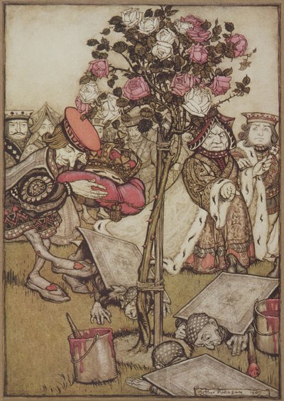 La Reina se volvió enojada hacia él y dijo al Sota, "Dales la vuelta", de Las aventuras de Alicia en el país de las maravillas, de Lewis Carroll, pub. 1907 de Arthur Rackham