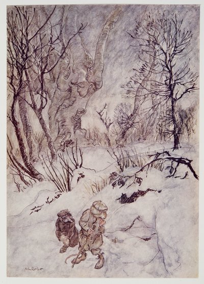 La Rata reflexionó un rato y examinó las jorobas y pendientes que los rodeaban, de El viento en los sauces de Kenneth Grahame (1859 - 1932), pub. 1940 de Arthur Rackham