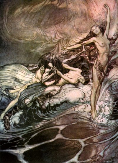 Las Doncellas del Rin obtienen posesión del anillo y lo llevan en triunfo, c. 1911 de Arthur Rackham