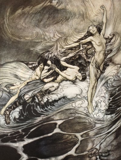 Las doncellas del Rin obtienen posesión del anillo y lo llevan en triunfo, ilustración de 