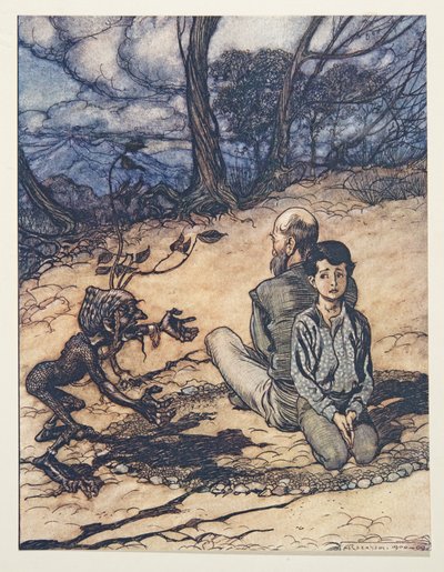 El hijo hizo un círculo, y su padre y él tomaron sus lugares dentro de él, y apareció el pequeño hombrecillo negro, de Los cuentos de hadas de los hermanos Grimm, pub. 1909 de Arthur Rackham