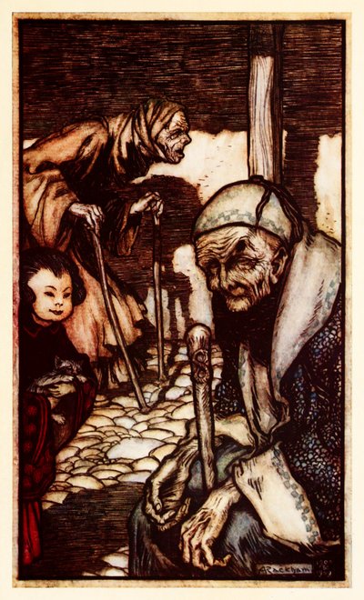 Los Struldbrugs desafortunados inmortales sin juventud eterna que son declarados, de la Parte III: Un viaje a Laputa, Balnibarbi, Luggnagg, Glubbdubdrib y Japón en Los viajes de Gulliver de Jonathan Swift de Arthur Rackham