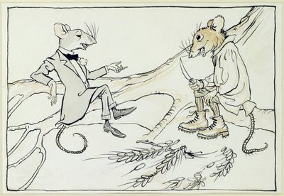 El ratón de la ciudad y el ratón del campo, ilustración de Fábulas de Esopo, publicada en 1912 de Arthur Rackham