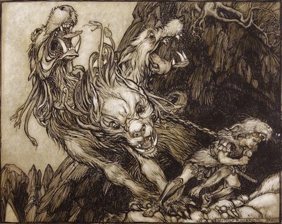 El duodécimo trabajo de Hércules, ilustración de Los Héroes Griegos de B.G. Niebuhr, 1903 de Arthur Rackham