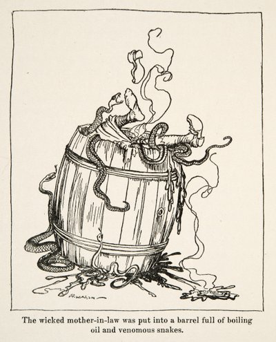 La malvada suegra fue puesta en un barril lleno de aceite hirviendo y serpientes venenosas, de Hermanito y Hermanita y otros cuentos de los Hermanos Grimm, pub.1917 de Arthur Rackham