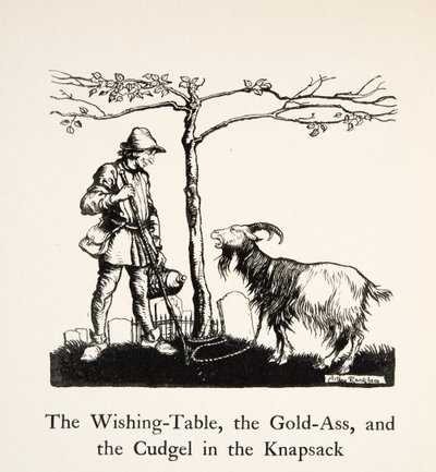La mesa de los deseos, el asno de oro y el garrote en la mochila, de Hermanito y Hermanita y Otros Cuentos de los Hermanos Grimm, pub.1917 (litografía) de Arthur Rackham