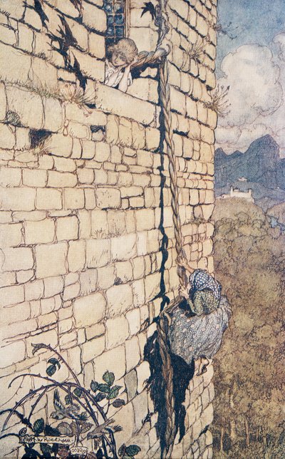 La bruja subió, de Los cuentos de hadas de los hermanos Grimm, pub. 1909 de Arthur Rackham