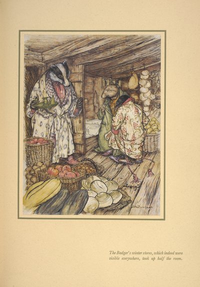 Los almacenes de invierno del tejón, que se veían por todas partes, ocupaban la mitad de la habitación". de Arthur Rackham