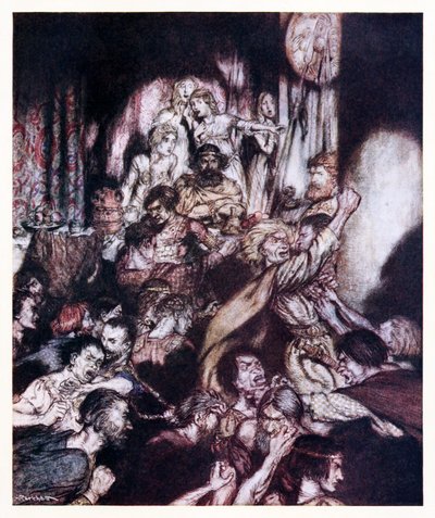 El salón de banquetes estaba en tumulto de La pequeña pelea en Cuentos de hadas irlandeses de Arthur Rackham