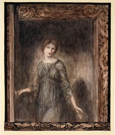 La puerta de la cámara de Fionn se abrió suavemente y una joven entró en la habitación, ilustración de 