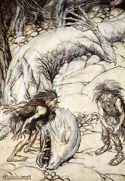 Los enanos peleando por el cuerpo de Fafner de Arthur Rackham
