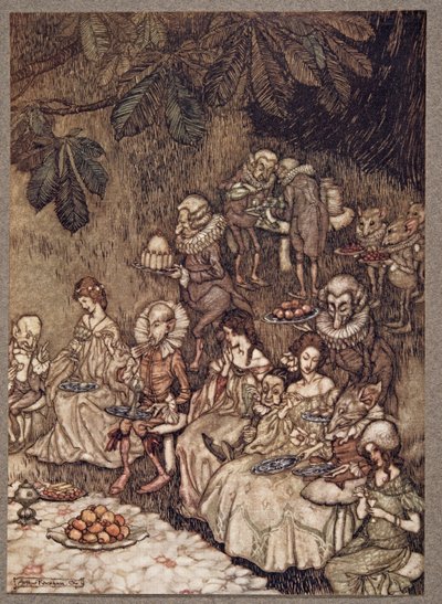 Las hadas se sientan en los hongos, y al principio se comportan bien, de Peter Pan en los Jardines de Kensington por J M Barrie (1860 - 1937), pub. 1906 de Arthur Rackham