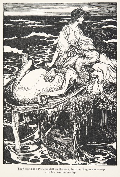 Encontraron a la princesa todavía en la roca, pero el dragón estaba dormido con la cabeza en su regazo, de Los cuentos de hadas de los hermanos Grimm, pub. 1909 de Arthur Rackham