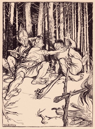 El gigante le dio un cajonazo en la oreja al que estaba sentado a su lado. Ilustración de Arthur Rackham del cuento de hadas de Grimm, El hábil cazador. de Arthur Rackham