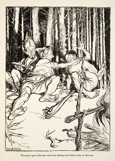 El gigante le dio una bofetada al que estaba sentado a su lado, de Hermanito y Hermanita y Otros Cuentos de los Hermanos Grimm, pub.1917 (litografía) de Arthur Rackham