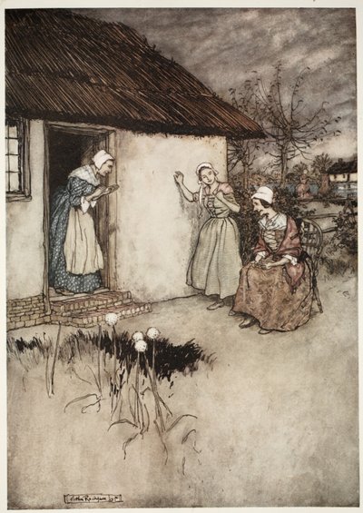 Las buenas esposas del pueblo nunca dejaban de culpar a Dame Van Winkle en sus charlas vespertinas., de Rip Van Winkle por Washington Irving, pub. 1910 de Arthur Rackham