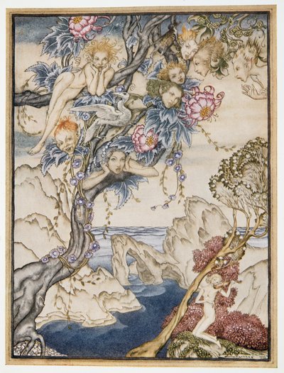La isla está llena de ruidos, sonidos y aires dulces, que dan deleite y no duelen, ilustración de La Tempestad de William Shakespeare, pub. 1926 de Arthur Rackham