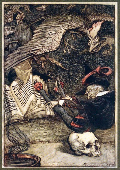 El hombrecito se había sentado en el centro del círculo sobre el gran cráneo, pub. 1907 de Arthur Rackham