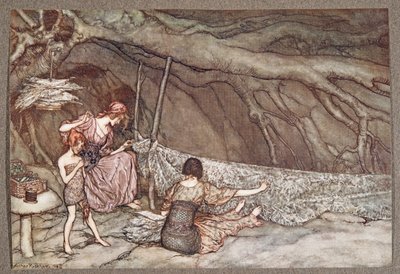 Las pequeñas personas tejen sus cortinas de verano con hojas de esqueleto .. , de Peter Pan en los Jardines de Kensington por J M Barrie (1860 - 1937), pub. 1906 de Arthur Rackham