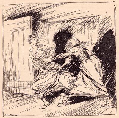 La anciana la agarró por el vestido y trató de sujetarla. Ilustración de Arthur Rackham del cuento de Grimm El árbol encantado. de Arthur Rackham