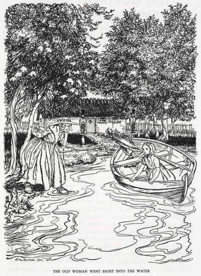 "La anciana se metió en el agua". Ilustración para "el jardín de flores de la mujer que sabía magia". Una joven, Gerda, en una barca. Una anciana se mete en el río para ayudarla. de Arthur Rackham