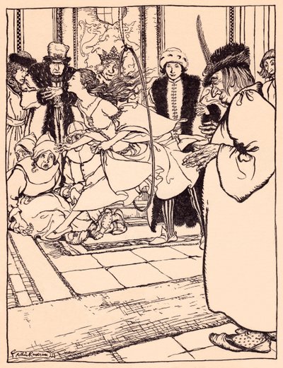 La linda doncella saltó por el aro tan ligera como un ciervo. Ilustración de Arthur Rackham del cuento de hadas de Grimm, Las tres plumas. de Arthur Rackham