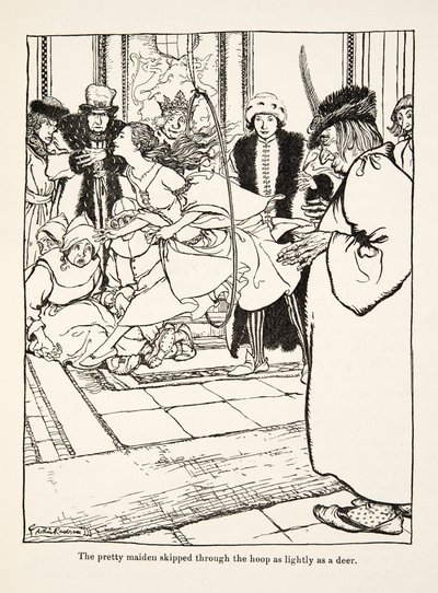 La linda doncella saltó a través del aro tan ligera como un ciervo, de Hermanito y Hermanita y Otros Cuentos de los Hermanos Grimm, pub.1917 de Arthur Rackham