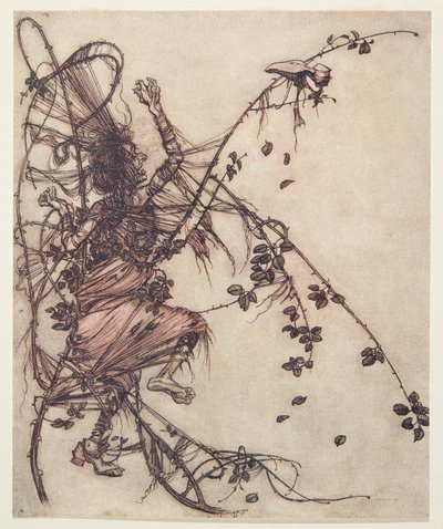 Cuanto más rápido tocaba, más alto tenía que saltar ella, de Los cuentos de hadas de los hermanos Grimm, pub. 1909 de Arthur Rackham