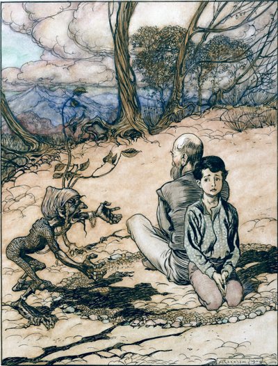 El hijo hizo un círculo, y su padre y él tomaron lugares dentro de él, y apareció el pequeño hombrecillo negro, ilustración de El rey de la montaña dorada en Los cuentos de hadas de los hermanos Grimm de Arthur Rackham