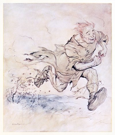 El golpeteo de sus grandes botas se volvió tan continuo como el repiqueteo de granizo en un techo, y el viento de su paso derribó árboles de El Carl del abrigo drab en Cuentos de hadas irlandeses de Arthur Rackham