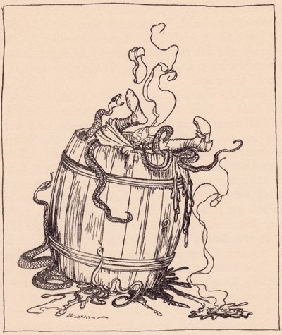 La malvada suegra fue introducida en un barril lleno de aceite hirviendo y serpientes venenosas. Ilustración de Arthur Rackham del cuento de Grimm Los doce hermanos, publicado a finales del siglo XIX. de Arthur Rackham