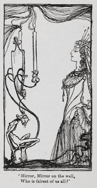 La reina malvada mirándose en el espejo de Snowdrop (Blancanieves) de Arthur Rackham
