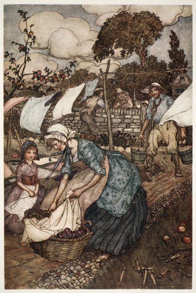 Las mujeres del pueblo solían emplearlo para hacer pequeños trabajos que sus maridos menos complacientes no harían por ellas., de Rip Van Winkle por Washington Irving, pub. 1910 de Arthur Rackham