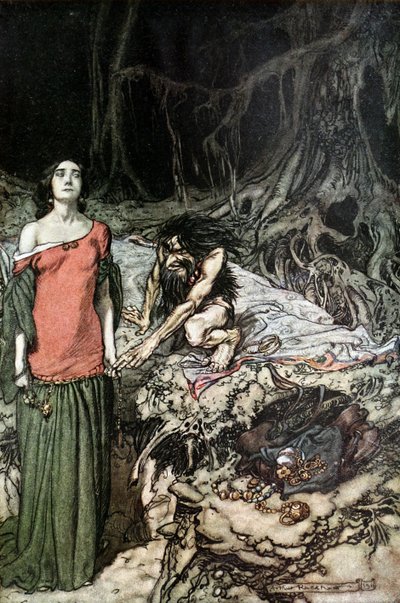El cortejo de Grimhilde, la madre de Hagen. Ilustración para Sigfrido y El Ocaso de los Dioses de Arthur Rackham
