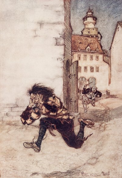 Entonces corrió tras él, todavía sosteniendo el cuchillo de trinchar, y gritó ¡Solo uno, solo uno!, de Los cuentos de hadas de los hermanos Grimm, pub. 1909 de Arthur Rackham