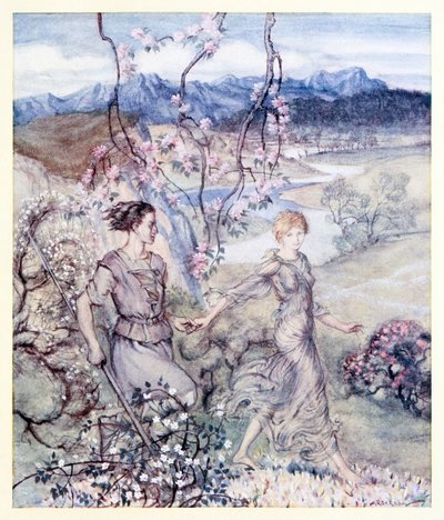 Entonces ellos [Iollan y Tuiren] fueron de la mano en el país que huele a flor de manzano y miel de El nacimiento de Bran en Cuentos de hadas irlandeses de Arthur Rackham