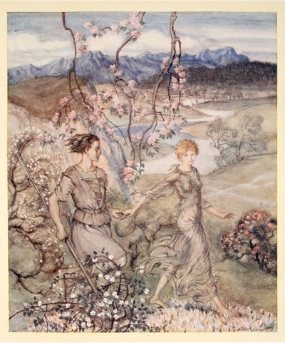 Luego caminaron de la mano en el campo que huele a flor de manzano y miel, ilustración de 