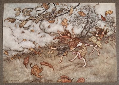 No hay casi nada que tenga un sentido del humor tan agudo como una hoja caída, de Peter Pan en los Jardines de Kensington de J M Barrie, pub. 1906 de Arthur Rackham