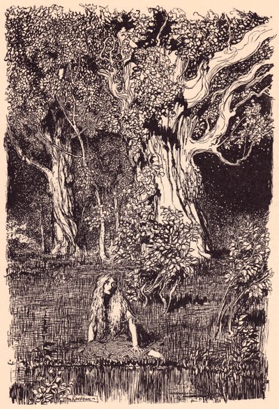 Allí se sentó y habría permanecido sentada largo rato si no se hubiera oído un crujido en las ramas del árbol más cercano. Ilustración de Arthur Rackham del cuento de Grimm La gansa en el pozo. de Arthur Rackham