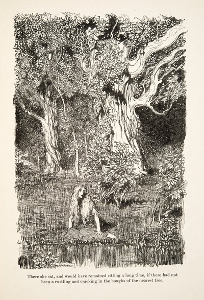 Allí se sentó, y habría permanecido sentada mucho tiempo, si no hubiera habido un crujido y chasquido en las ramas del árbol más cercano, de Hermanito y Hermanita y Otros Cuentos de los Hermanos Grimm, pub.1917 de Arthur Rackham