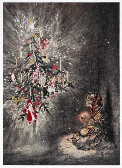 Allí estaba sentada bajo el hermoso árbol de Navidad". Una niña mirando el árbol de Navidad brillantemente iluminado. Ilustración en color del cuento "La niña de las cerillas". de Arthur Rackham