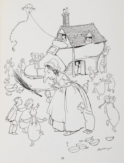Había una anciana que vivía en un zapato. Una mujer con una casa-zapato y muchos niños. de Arthur Rackham