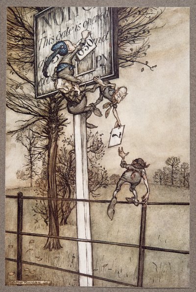 Estas hadas traviesas a veces cambian astutamente el tablero en una noche de baile ..., de Peter Pan en los Jardines de Kensington por J M Barrie (1860 - 1937), pub. 1906 de Arthur Rackham