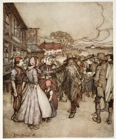 Se agolparon a su alrededor, mirándolo de pies a cabeza con gran curiosidad., de Rip Van Winkle por Washington Irving, pub. 1910 de Arthur Rackham