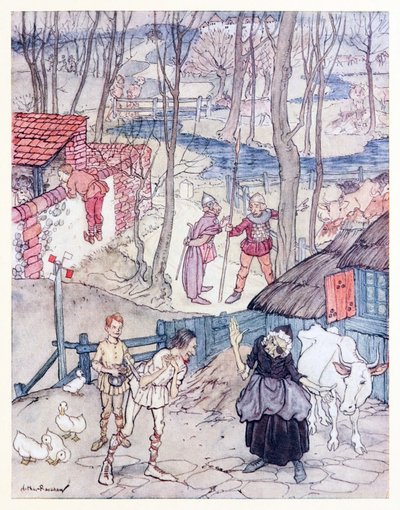 Ofrecieron una vaca por cada pata de su vaca, pero ella no aceptaría esa oferta a menos que Fiachna garantizara el pago de Mongans Frenzy en Cuentos de hadas irlandeses de Arthur Rackham