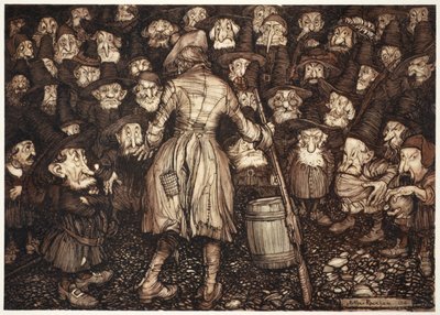 Lo miraban con una mirada tan fija, como de estatua, que su corazón se estremeció y sus rodillas temblaron., de Rip Van Winkle de Washington Irving, pub. 1910 de Arthur Rackham