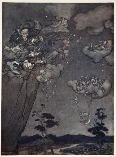 Eran gobernados por un viejo espíritu de squaw que colgaba las lunas nuevas en el cielo y cortaba las viejas en estrellas., de Rip Van Winkle por Washington Irving, pub. 1910 de Arthur Rackham