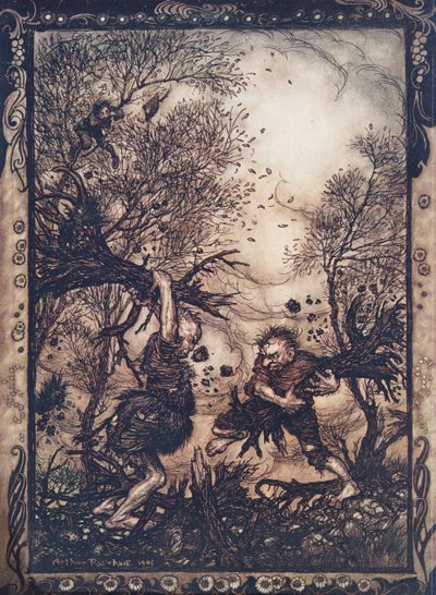 Se enfurecieron tanto que arrancaron árboles de raíz y se atacaron hasta que ambos cayeron muertos, de Los cuentos de hadas de los hermanos Grimm, pub. 1909 de Arthur Rackham